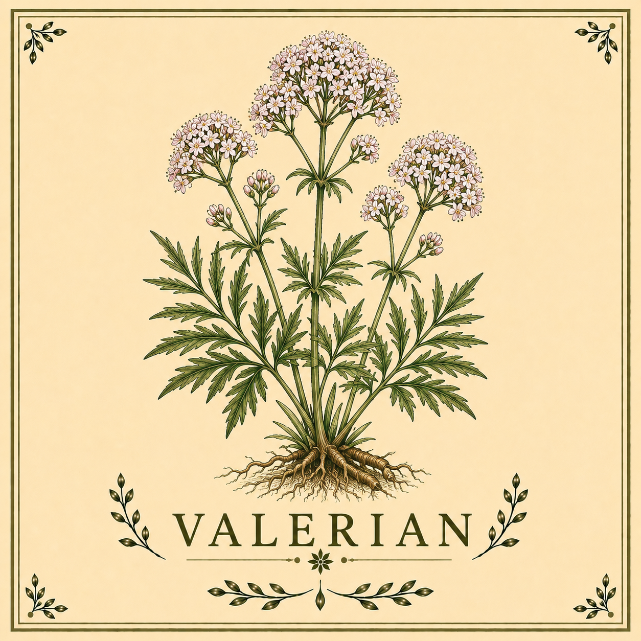 Illustration of Valerian plant with green leaves, pink and white flowers, and roots, on a cream background with decorative borders.