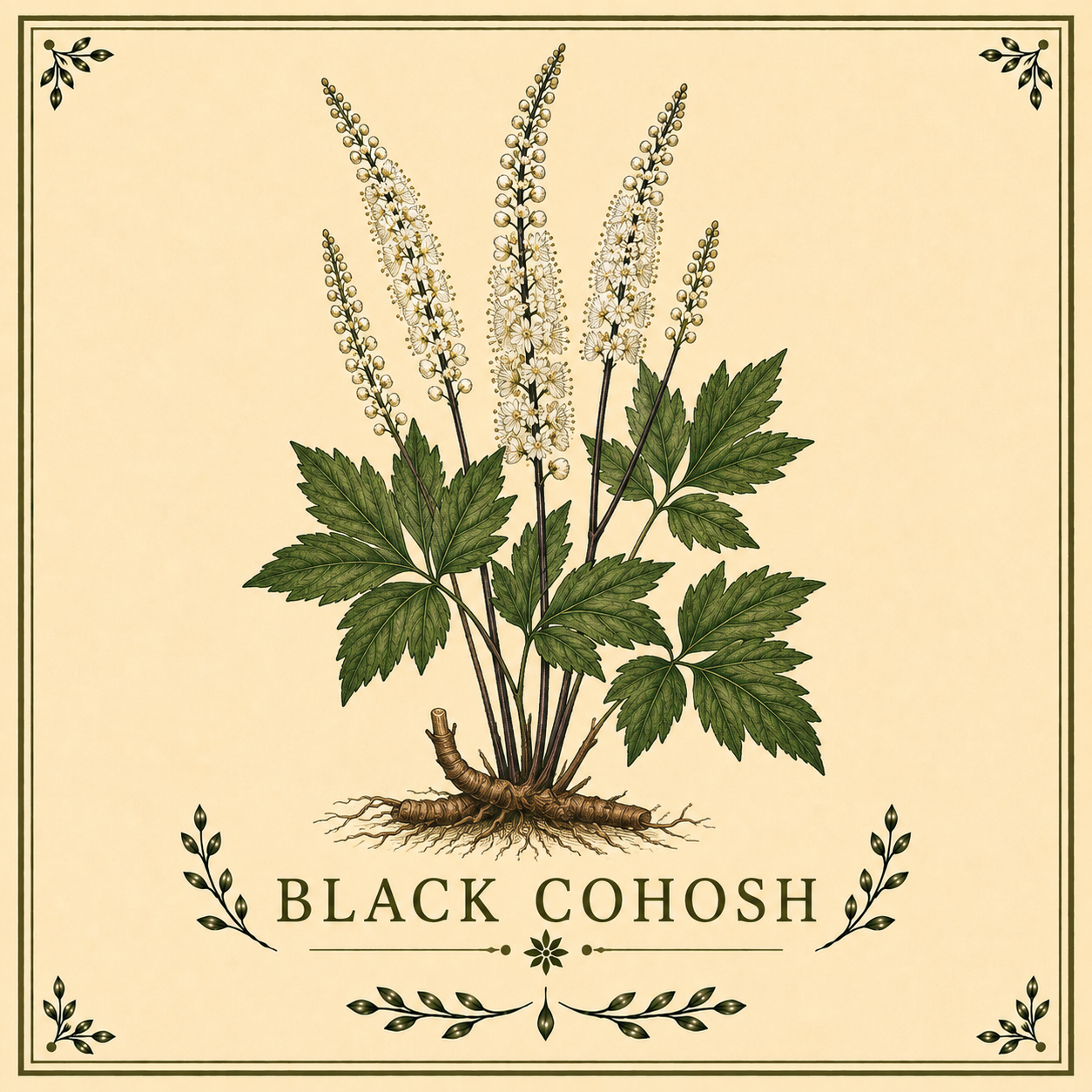 Illustration of a plant with green leaves, white flowers, and a root system, labeled 'Black Cohosh'.