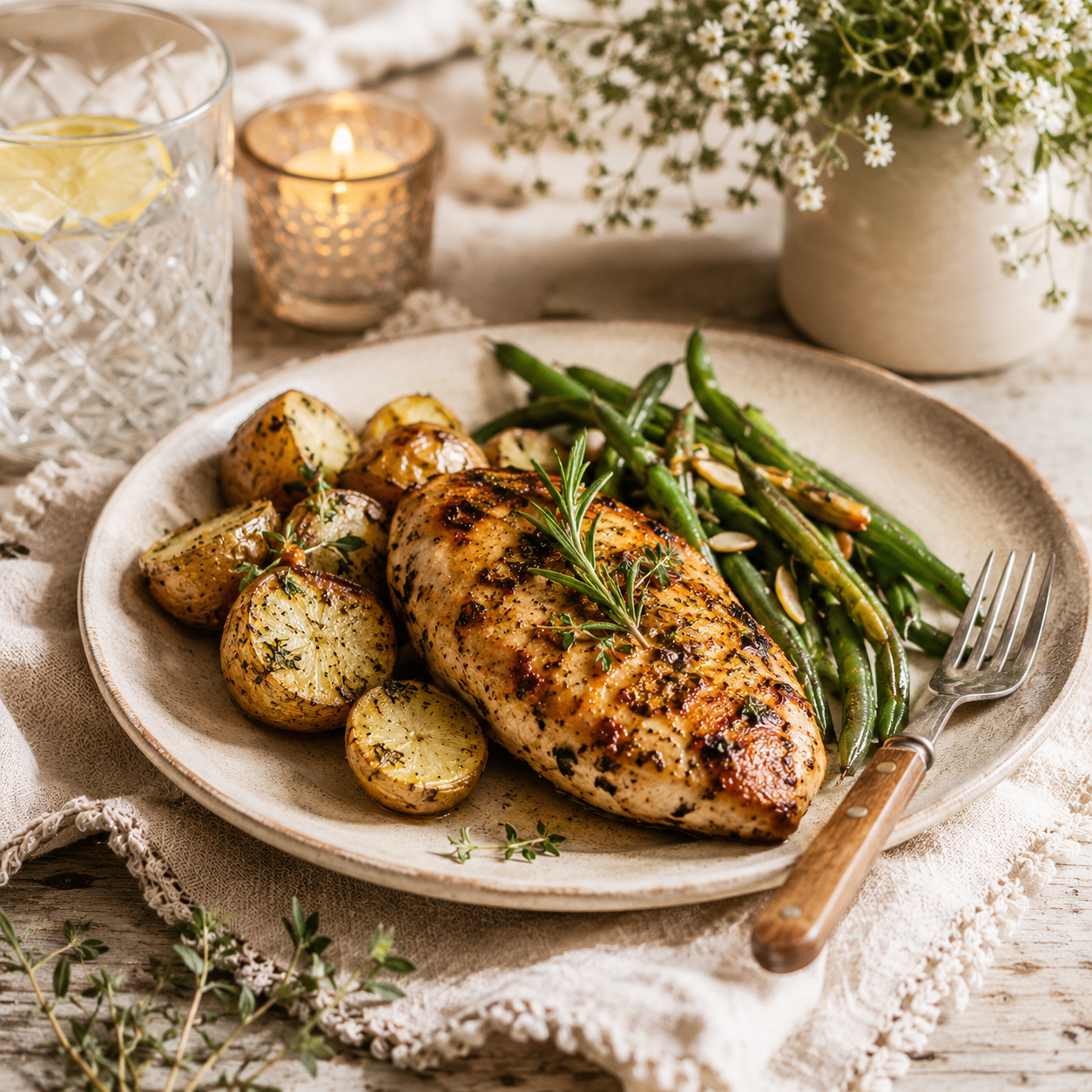A plate with grilled chicken breast garnished with herbs, roasted potatoes, and sautéed green beans, served on a rustic table with a fork, surrounded by a lit candle, a glass of water with lemon slices, and a floral arrangement.