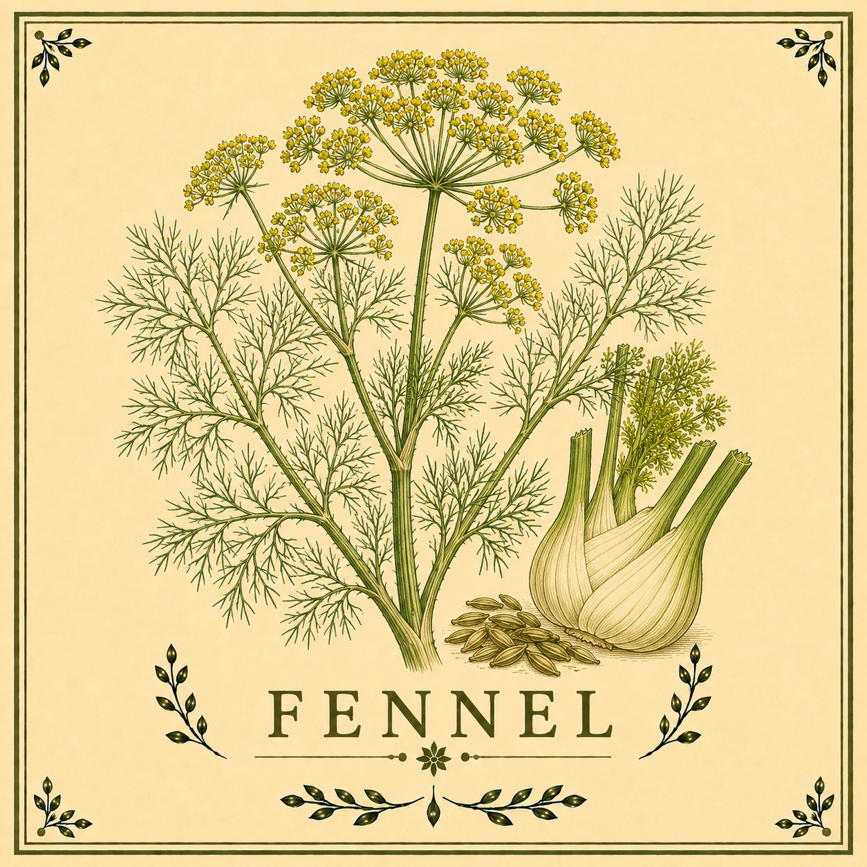 Illustration of fennel plant showing yellow flowers, feathery leaves, three bulbs, and fennel seeds, with decorative border and the word "Fennel" at the bottom.