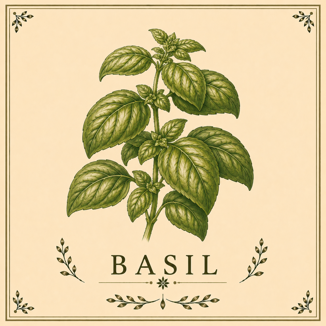 Illustration of a basil plant with green leaves, labeled 'Basil' at the bottom, with decorative border elements.