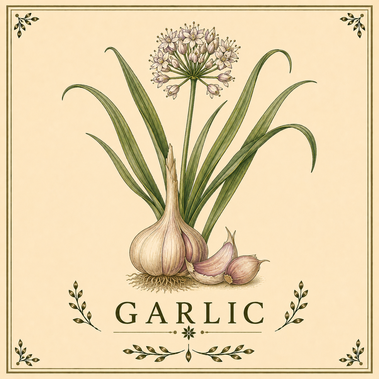 Illustration of a garlic bulb with green leaves, garlic cloves, and a flowering garlic plant on a beige background, with the word 'GARLIC' below.