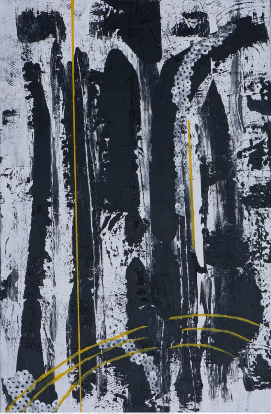 Abstract black and white painting with yellow lines and dotted white circular patterns.