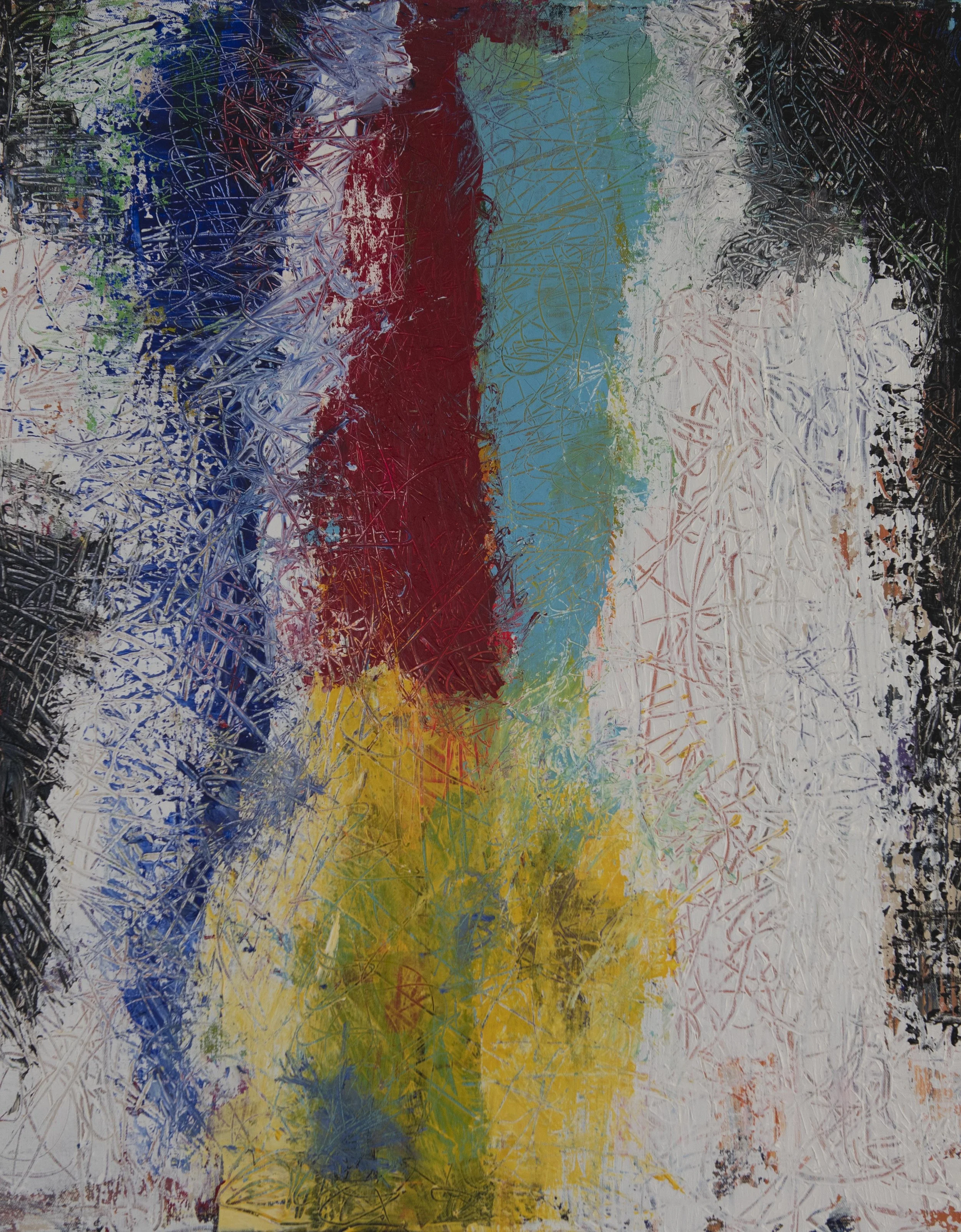 An abstract painting with vibrant colors including black, white, red, blue, yellow, green, and teal, featuring textured, scratch-like patterns and bold brush strokes.