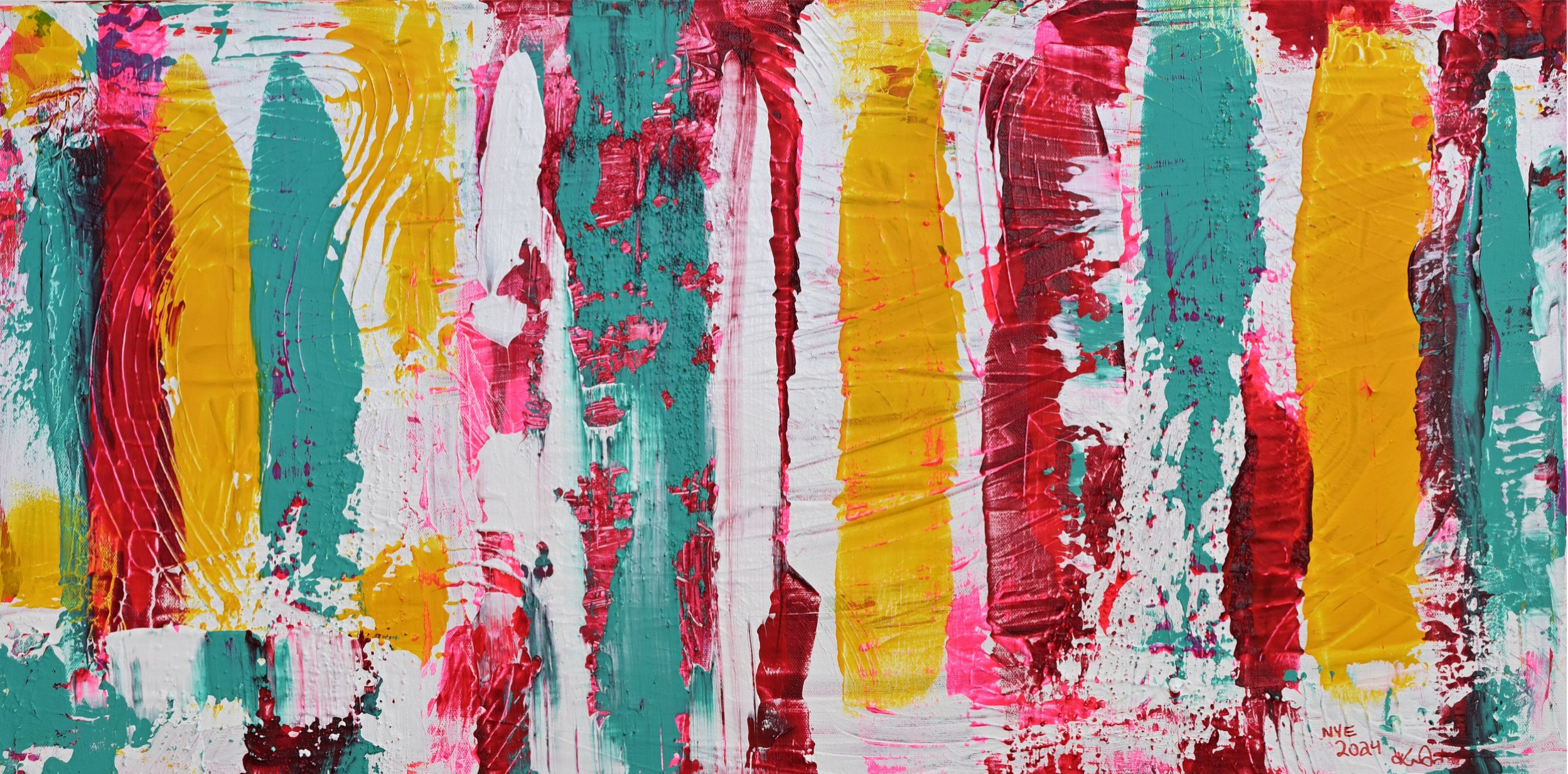 Abstract acrylic painting with vertical bold strokes in teal, yellow, pink, red, and white, with textured layering and dynamic splatters.