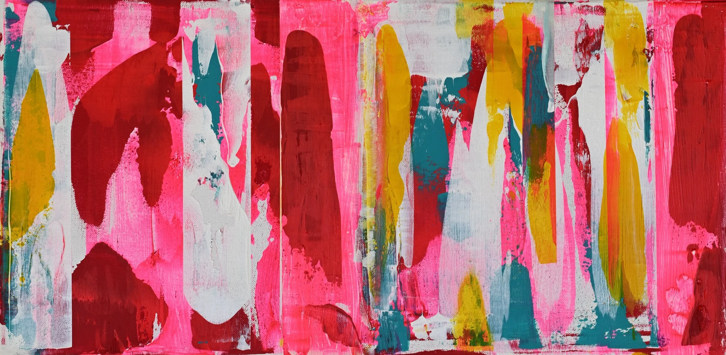 Abstract expressionist painting with bold splashes of pink, red, yellow, blue, green, and white paint.