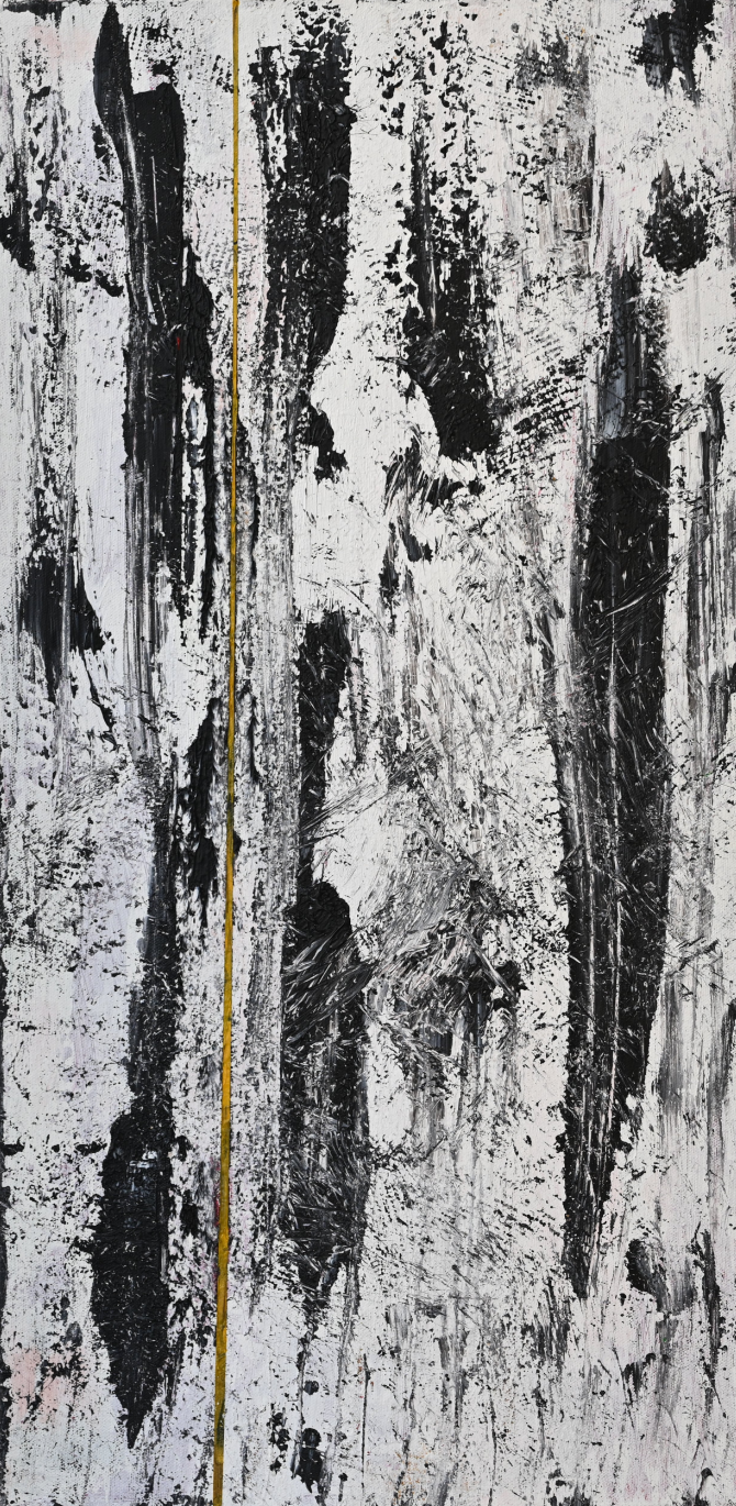 Abstract black and white painted artwork with textured brushstrokes and a single vertical yellow line.