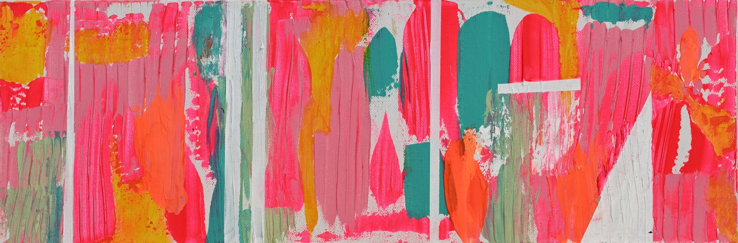 Abstract painting with vertical streaks and patches of bright colors including pink, orange, yellow, green, white, and teal.