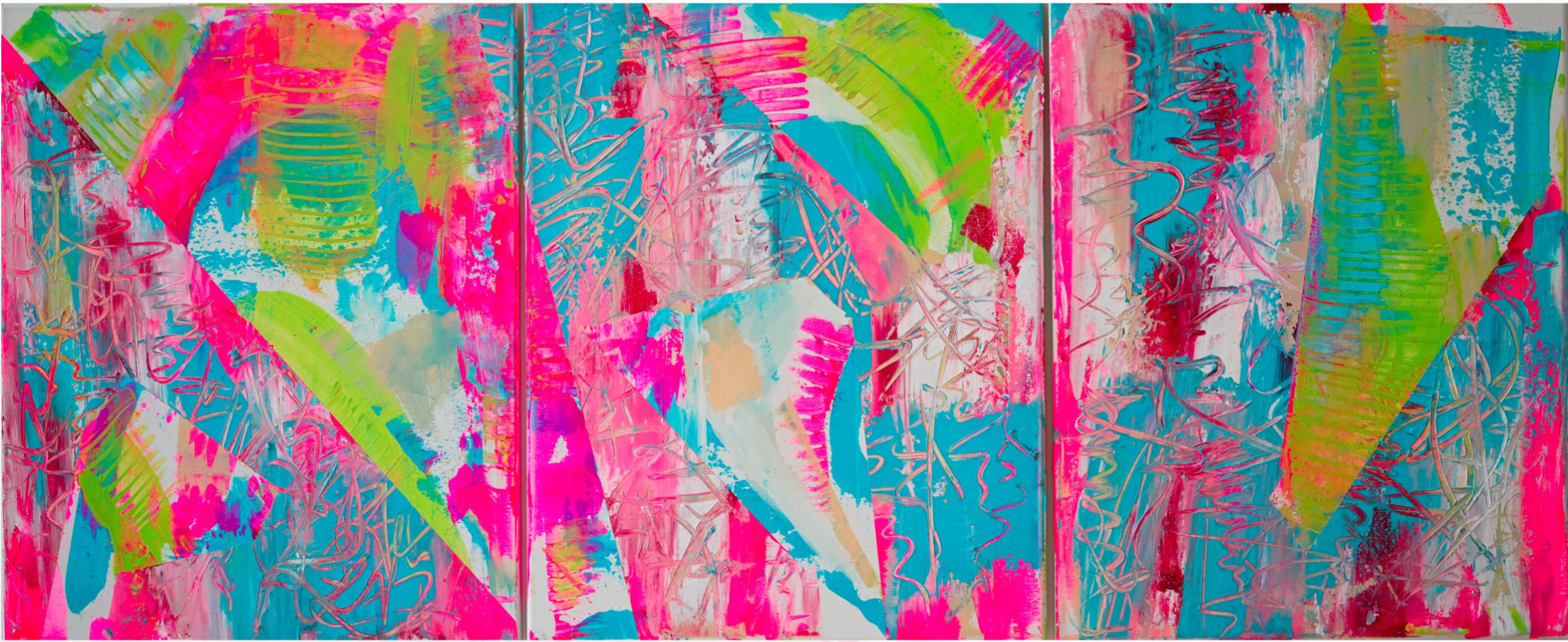 Abstract triptych painting with vibrant pink, blue, green, and beige colors, featuring layered brushstrokes, stripes, and scribbles.
