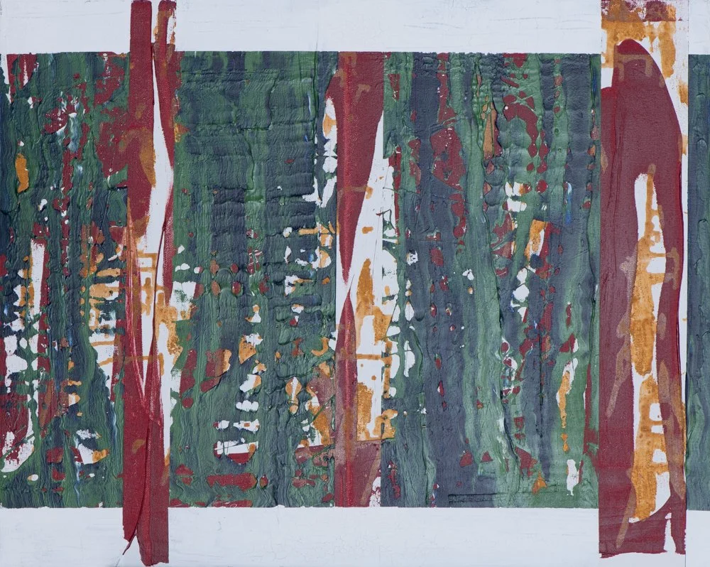 Abstract painting with green, red, yellow, blue, and white streaks and drips.