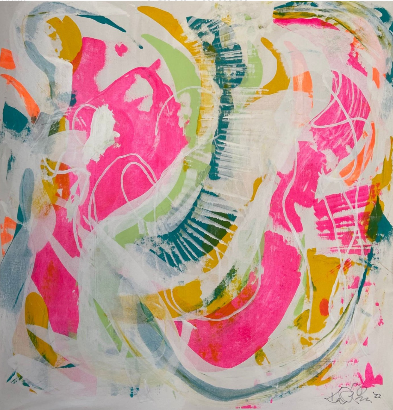 Abstract painting with bright colors including pink, green, orange, blue, and yellow, featuring swirling, overlapping brushstrokes and lines.