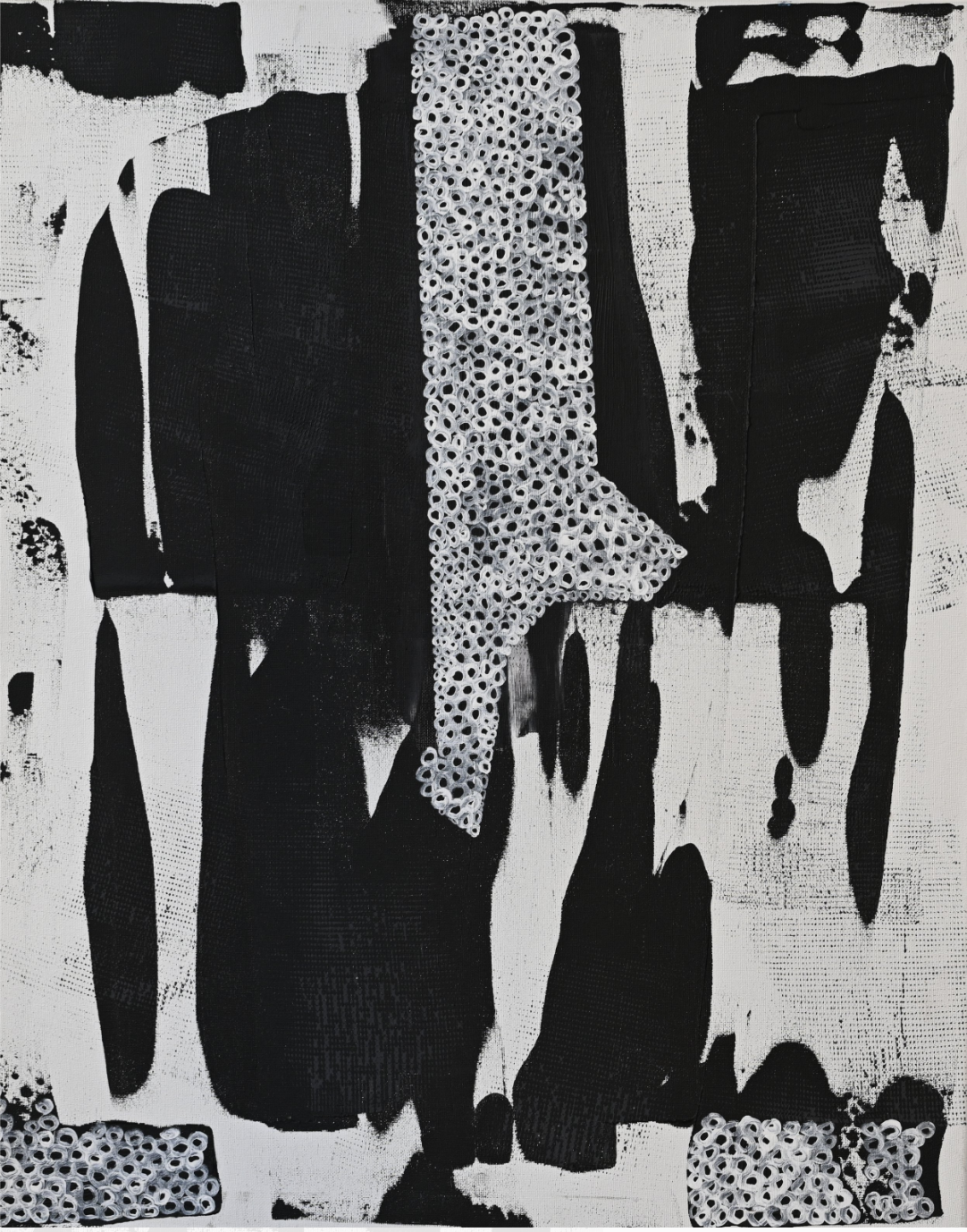 Abstract black and white artwork composed of bold black brushstrokes and areas of white space, with a vertical textured strip of small circular holes running through the center.