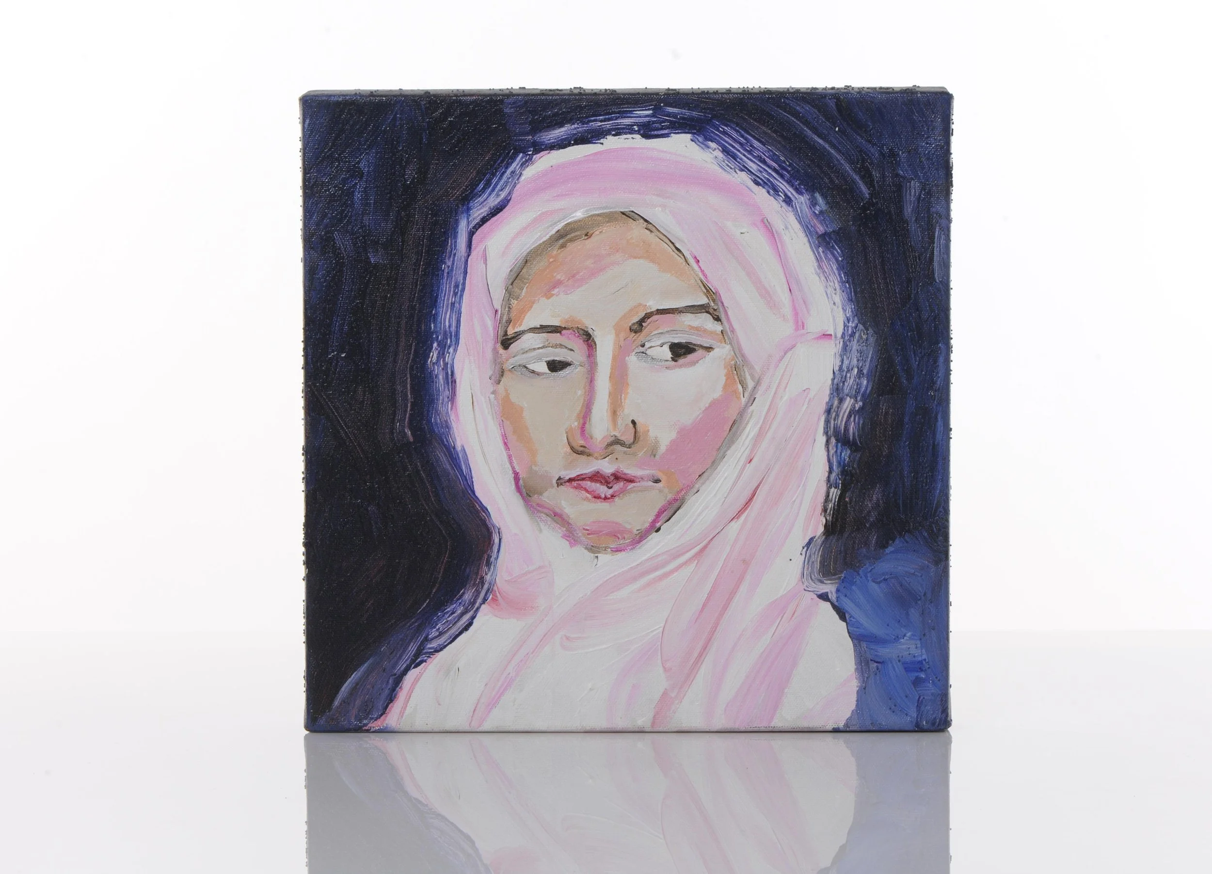 Painting of a woman with pink hair wearing a light-colored headscarf against a dark background.