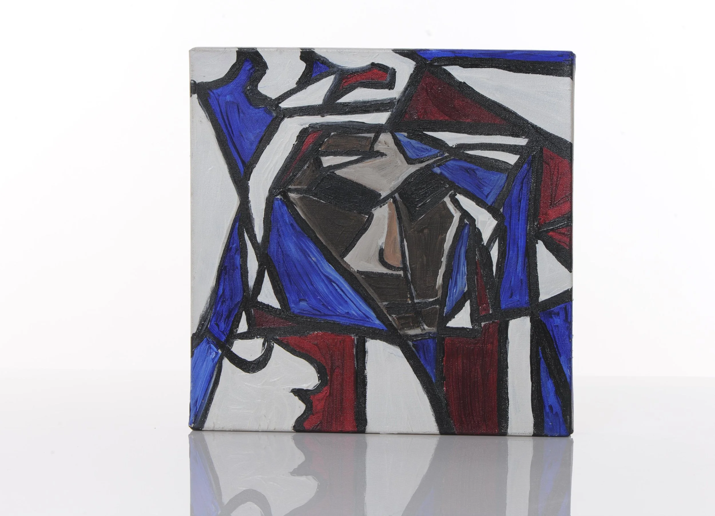 Abstract painting with bold black outlines, shapes in blue, red, gray, and brown.