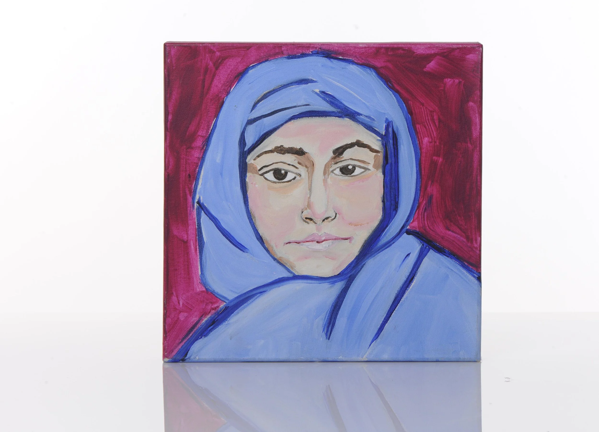 Painting of a woman with a headscarf, featuring neutral facial expression, set against a deep red background.