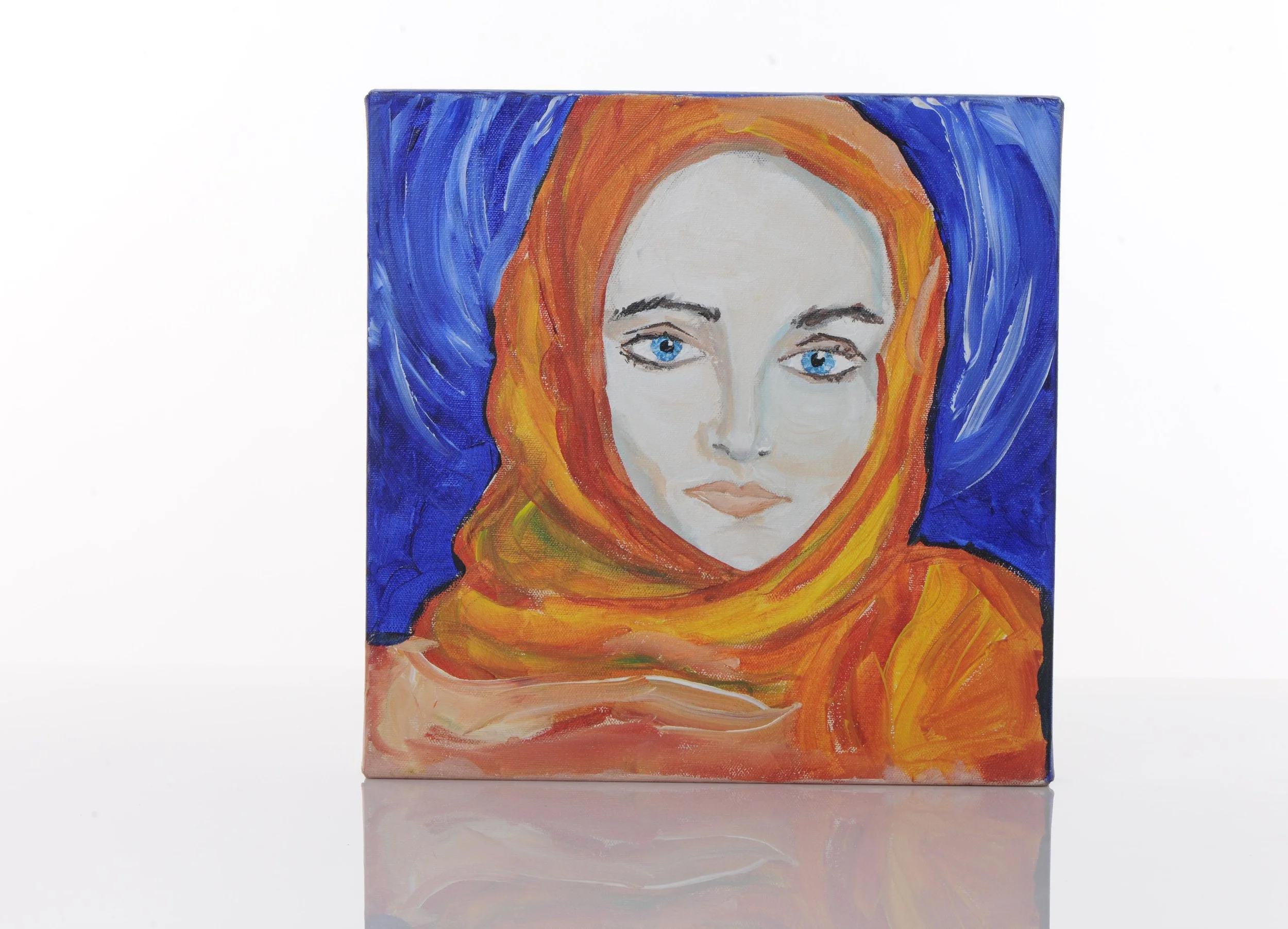 Painting of a woman with blue eyes and red hair, wrapped in an orange scarf, against a blue background.