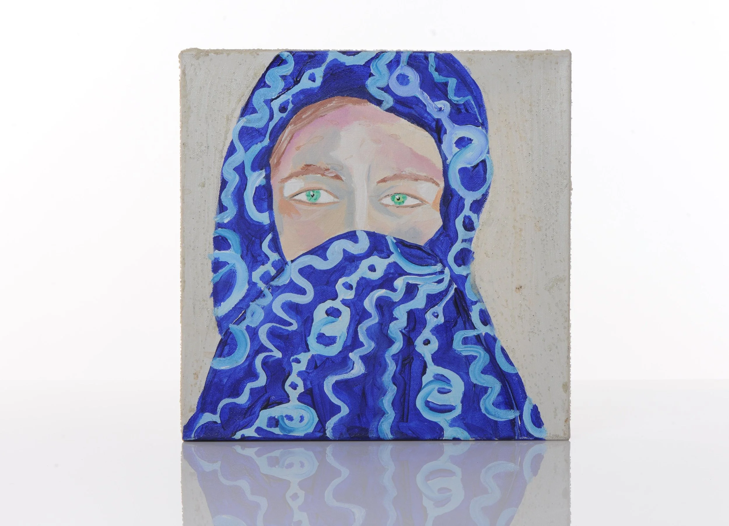 Painting of a person with light skin, green eyes, and a blue patterned head covering that covers hair and lower face.