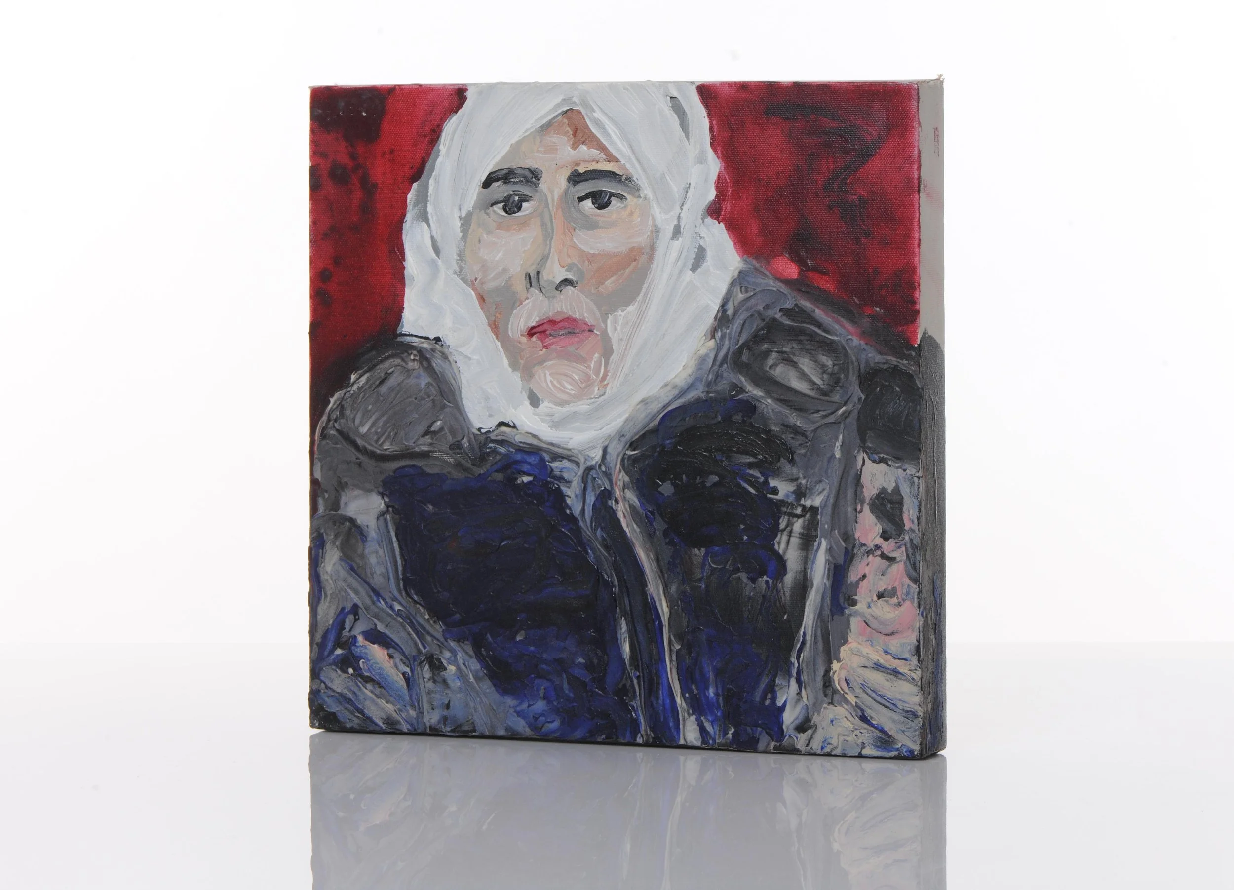 An abstract oil painting of a person with white hair, wearing dark clothing, set against a red background.
