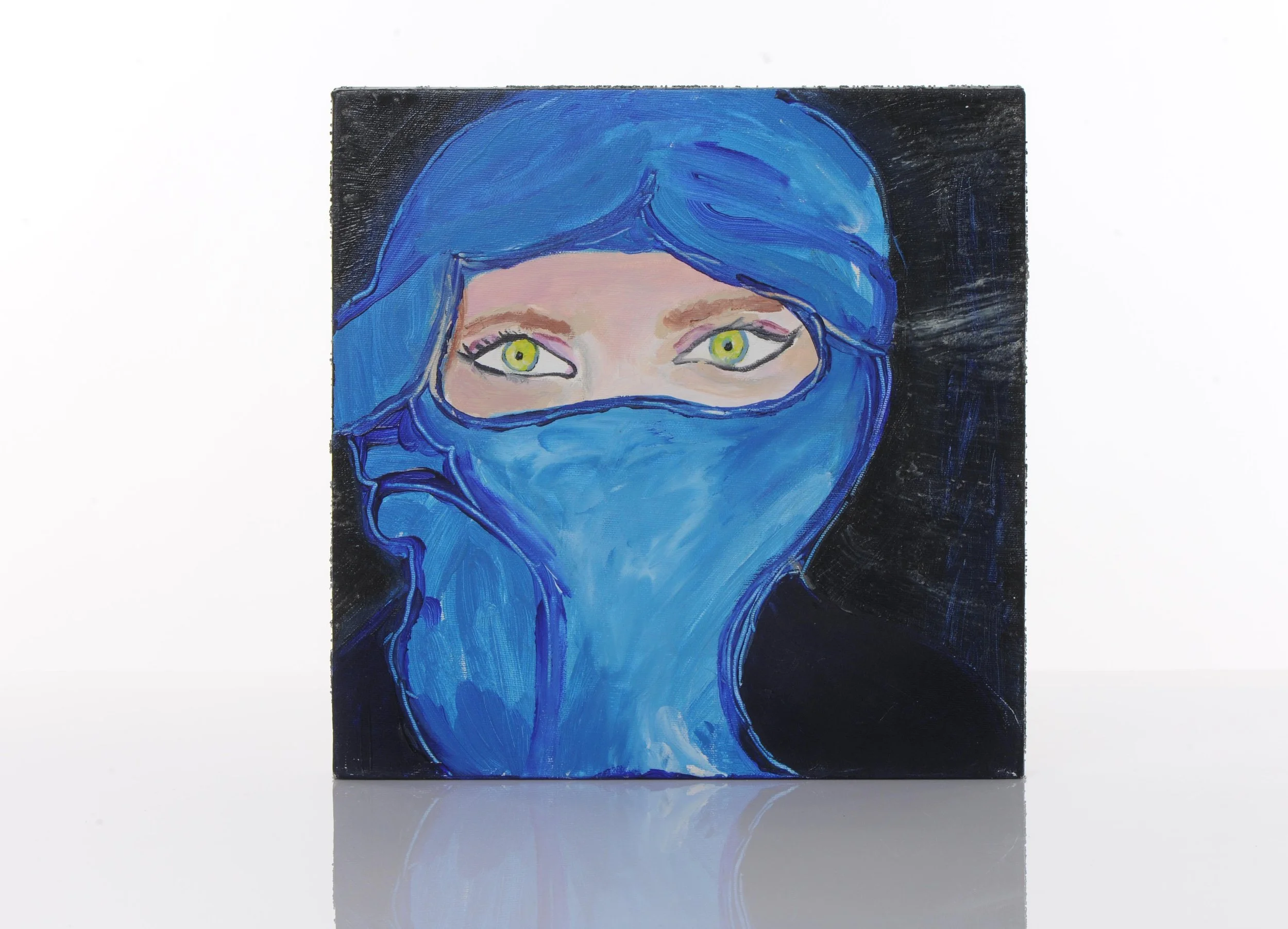 Painting of a woman with bright green eyes, wearing a blue hijab that covers her face except for her eyes, against a black background.