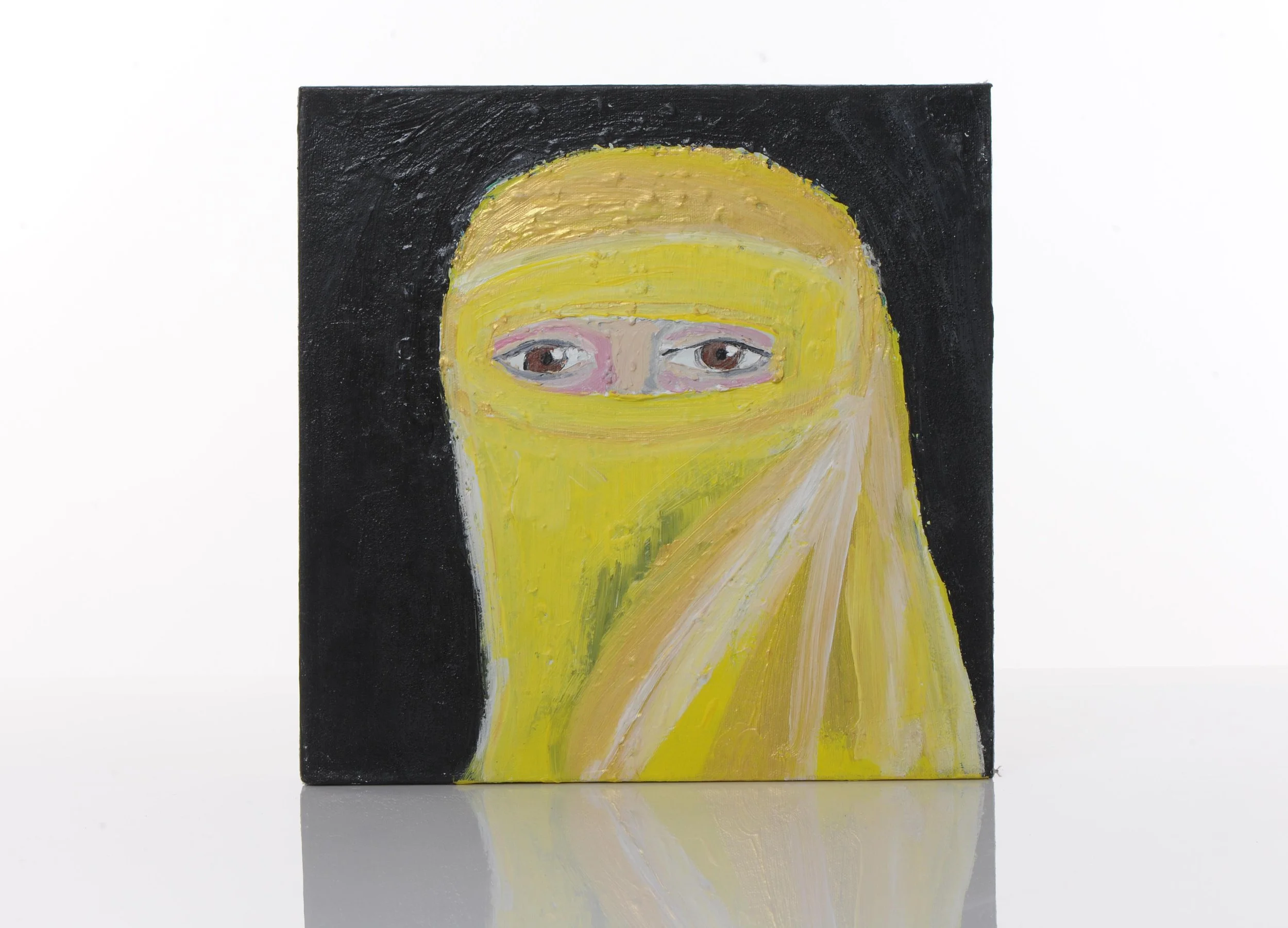 Painting of a woman in a yellow niqab with only her eyes visible, set against a black background.