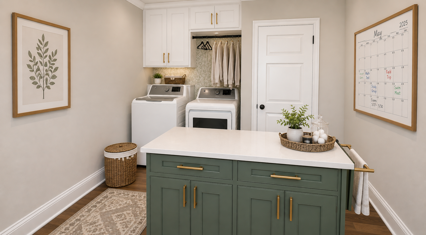 Laundry room with washer and dryer, green kitchen island with gold handles, wall art of botanical print, white cabinets, laundry basket, wall calendar, and decorative tray with plant and eggs.
