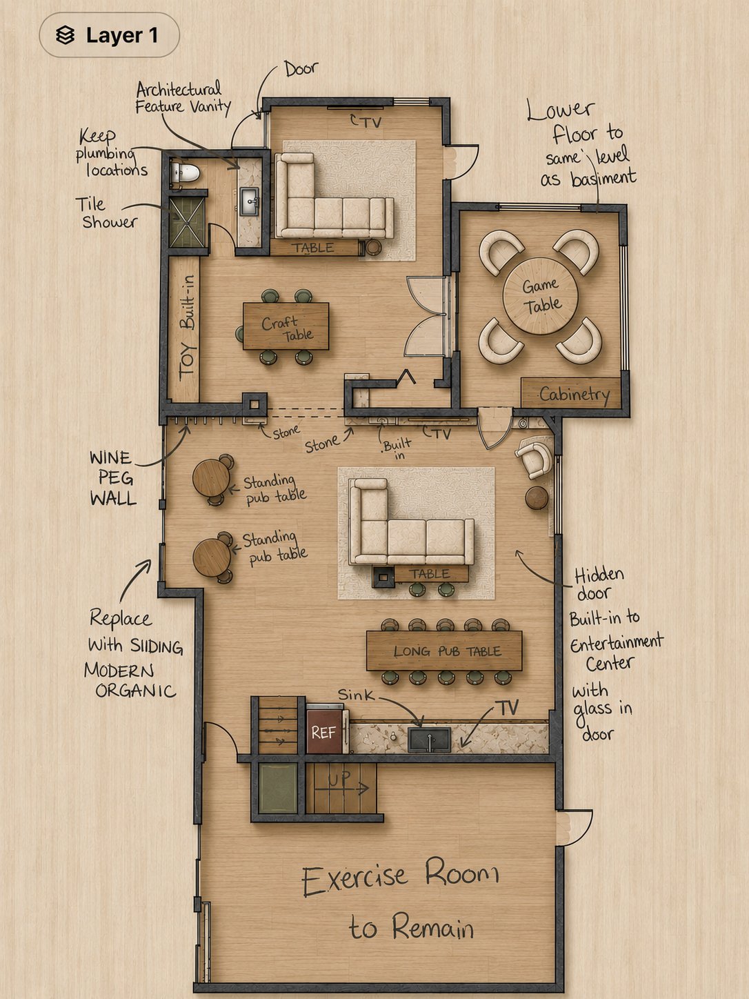 A detailed floor plan of a basement with labeled areas including a living room with sofa and TV, a game room with game table and cabinetry, a bar area with pub tables, a small bathroom, and an exercise room to remain. Handwritten notes label features like a hidden door, built-in entertainment center, and various furniture items.