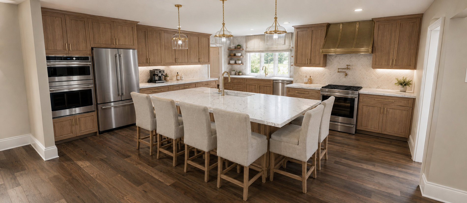 Modern kitchen with wooden cabinets, white marble island, stainless steel appliances, and hardwood flooring.