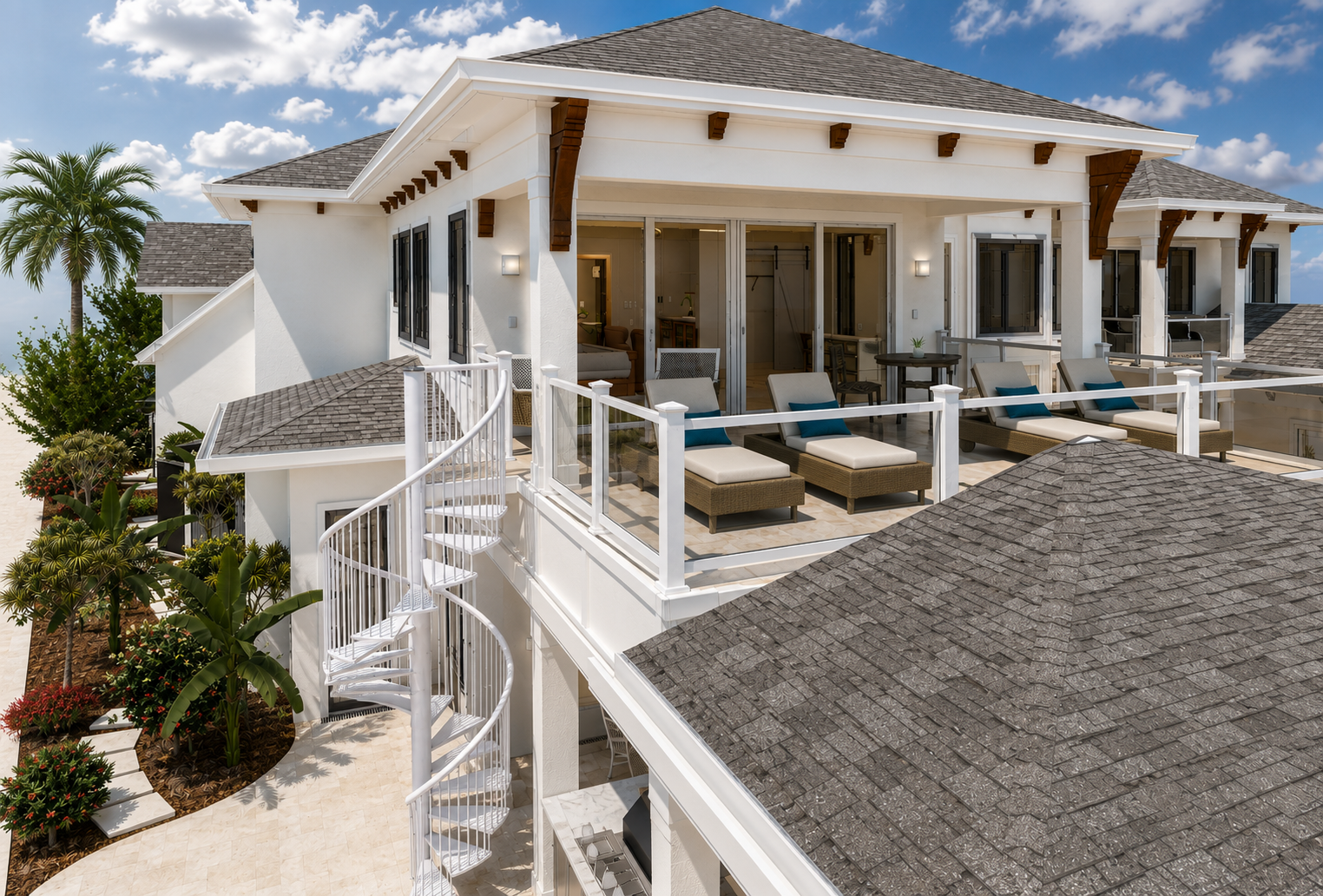 A spacious outdoor balcony on a modern white house with lounge chairs, small tables, glass sliding doors, and decorative wooden beams. There is a tropical landscape with palm trees and plants nearby under a blue sky with scattered clouds.