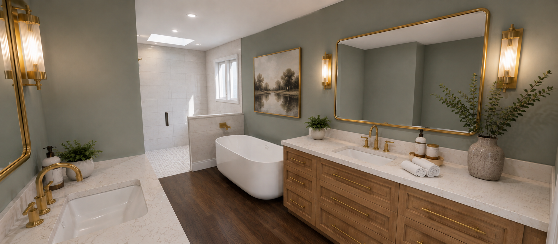 Modern bathroom with a large mirror, gold fixtures, a freestanding bathtub, a walk-in shower with skylight, wooden vanity with a marble countertop, green plants, and framed artwork.