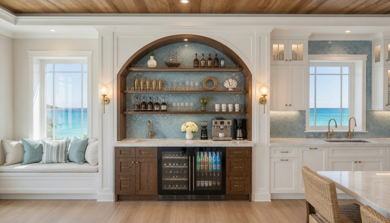 Coastal kitchen with ocean views, featuring white cabinets, a built-in window seat with pillows, and a central bar area with wooden shelves, wine fridge, and drinks, illuminated by natural light and wall-mounted sconces.