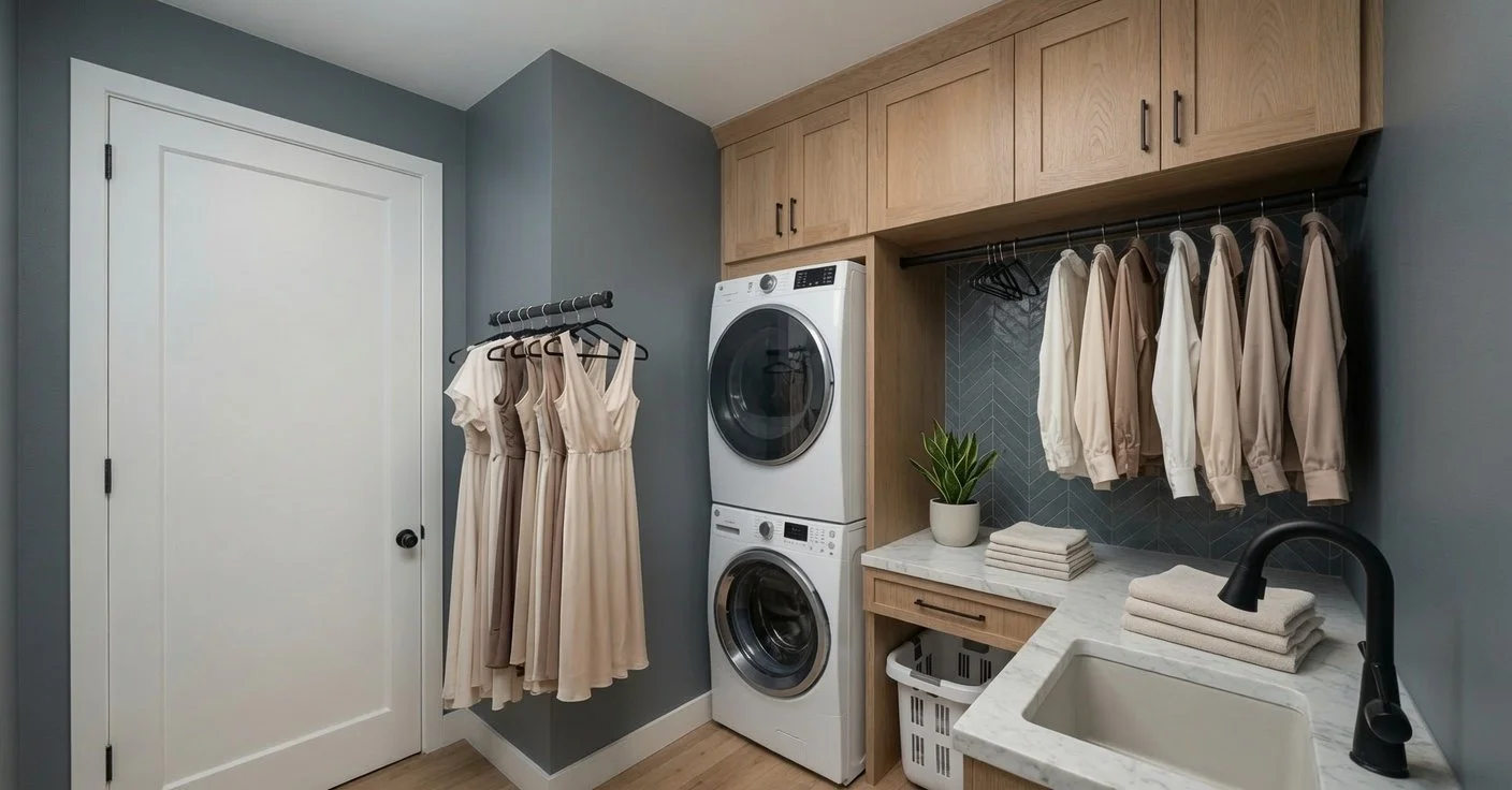 Laundry room with stacked washer and dryer, hanging dresses and jackets, a white countertop with folded towels, a small potted plant, a laundry basket, faucet, and wooden cabinets.