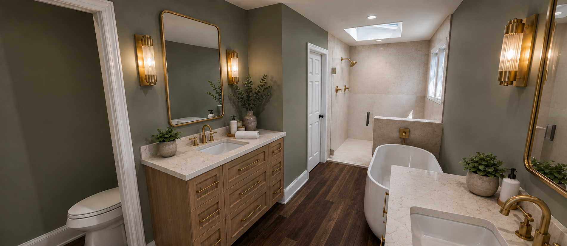 Modern bathroom with green walls, wooden vanity with marble countertop, gold fixtures, large mirror, potted plants, walk-in shower with glass door, skylight, bathtub, and hardwood flooring.