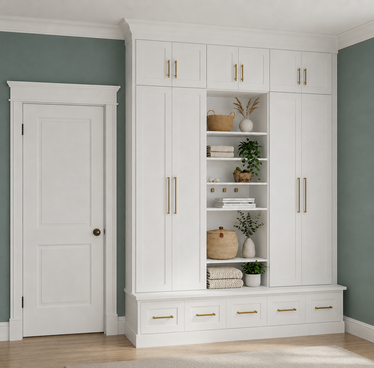White built-in shelving unit with gold handles, decorative items, and greenery, next to a closed white door with a gold doorknob, in a room with green walls and hardwood flooring.
