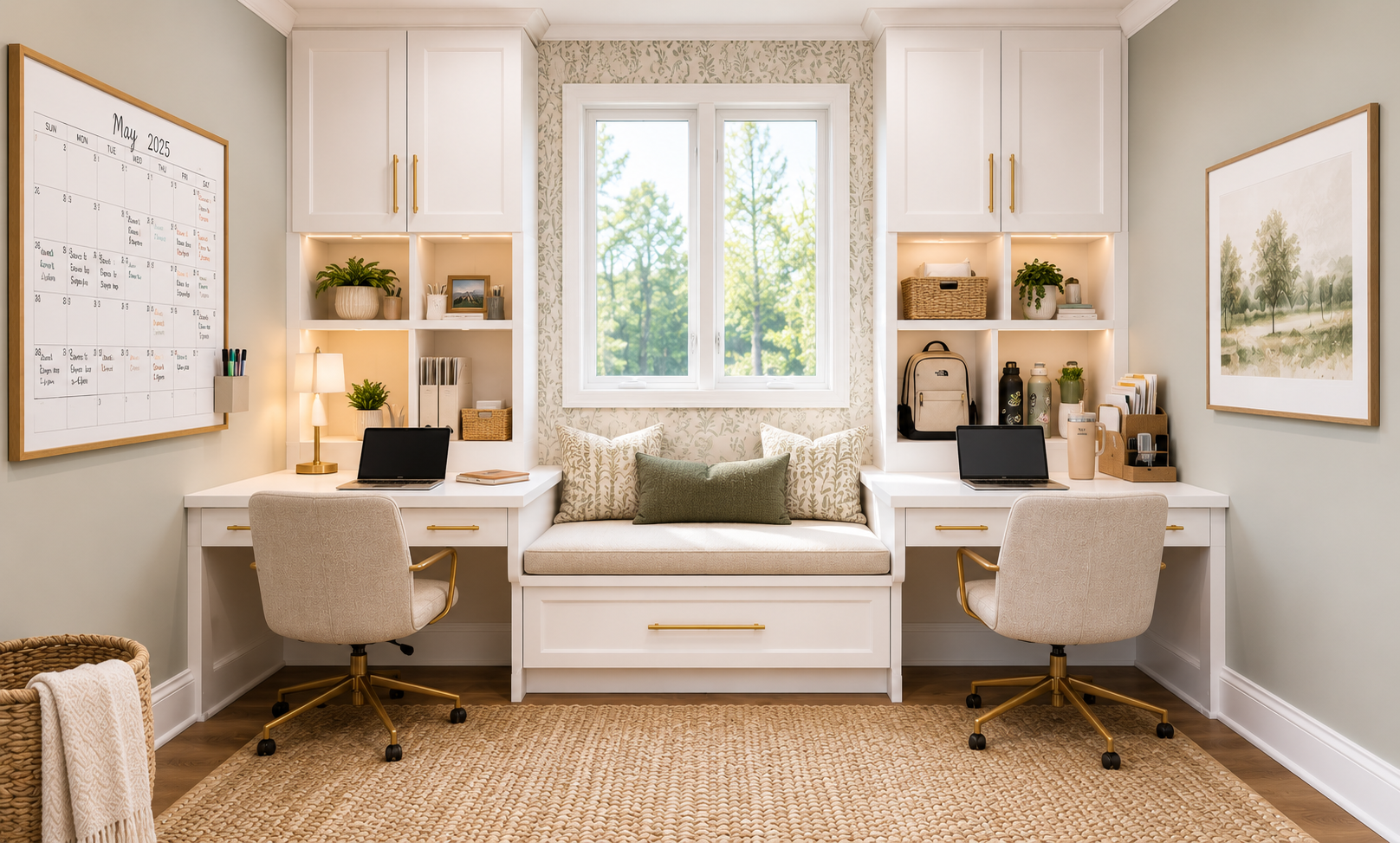 Home office with built-in white desks and shelves, a window seat with pillows, two beige swivel chairs, a window with trees outside, framed wall art, and a large wall calendar.