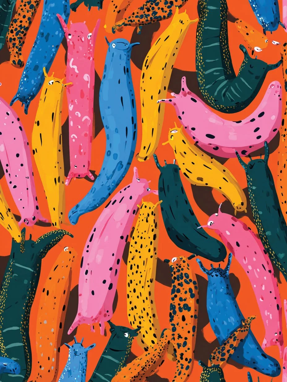 Colorful illustration of various leopards and panthers in different colors and patterns on an orange background.