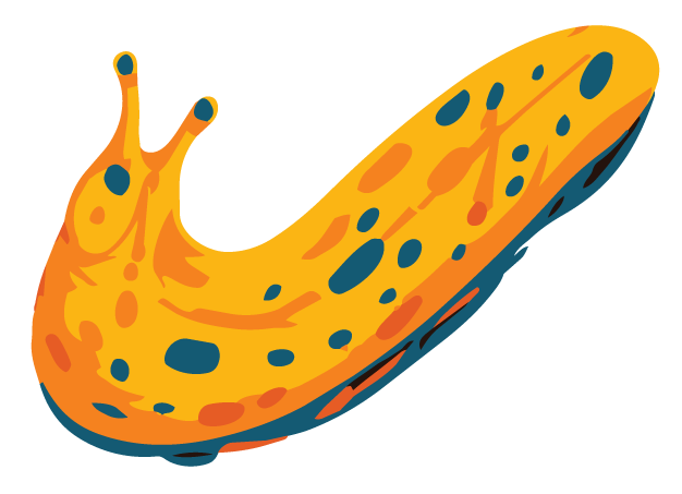 A colorful illustration of a yellow and orange spotted slug with blue spots.