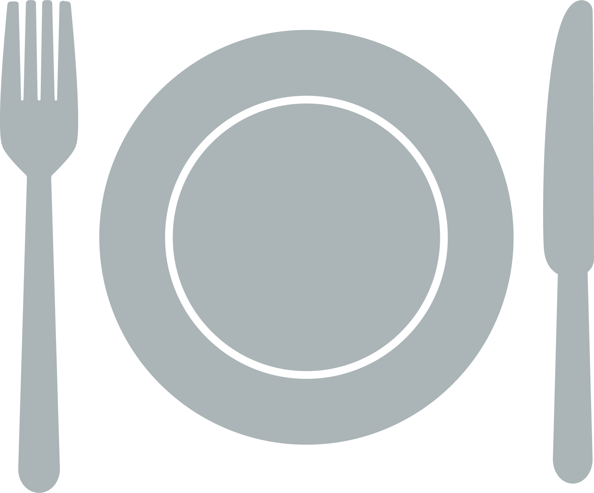 Gray plate with a fork on the left and a knife on the right, both placed on a black background.