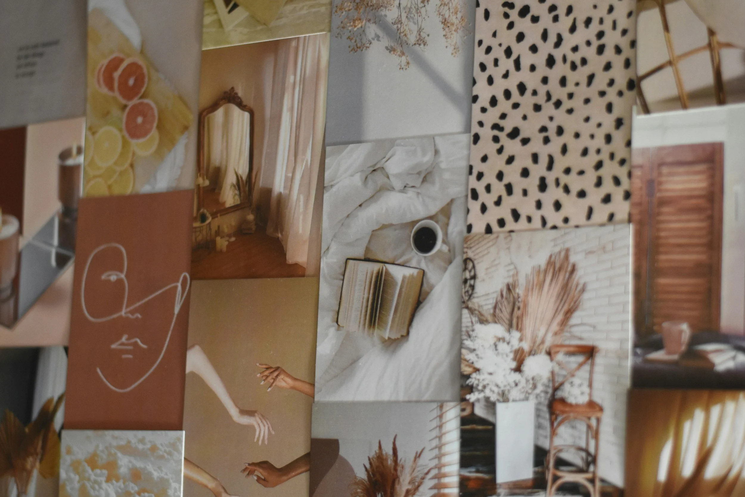 Collage of interior decor and furniture images including a mirror, a coffee cup, patterned rugs, wooden chairs, and autumn-themed decorative items.