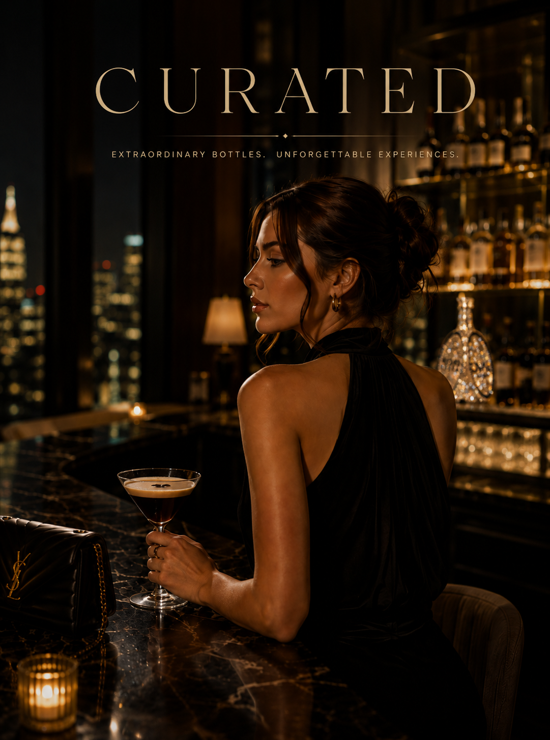 A woman with dark hair styled in an updo, wearing a black dress, seated at a bar holding a cocktail glass, with a city skyline visible through windows in the background, and the word 'Curated' with the subtitle 'Extraordinary Bottles. Unforgettable Experiences.' at the top.