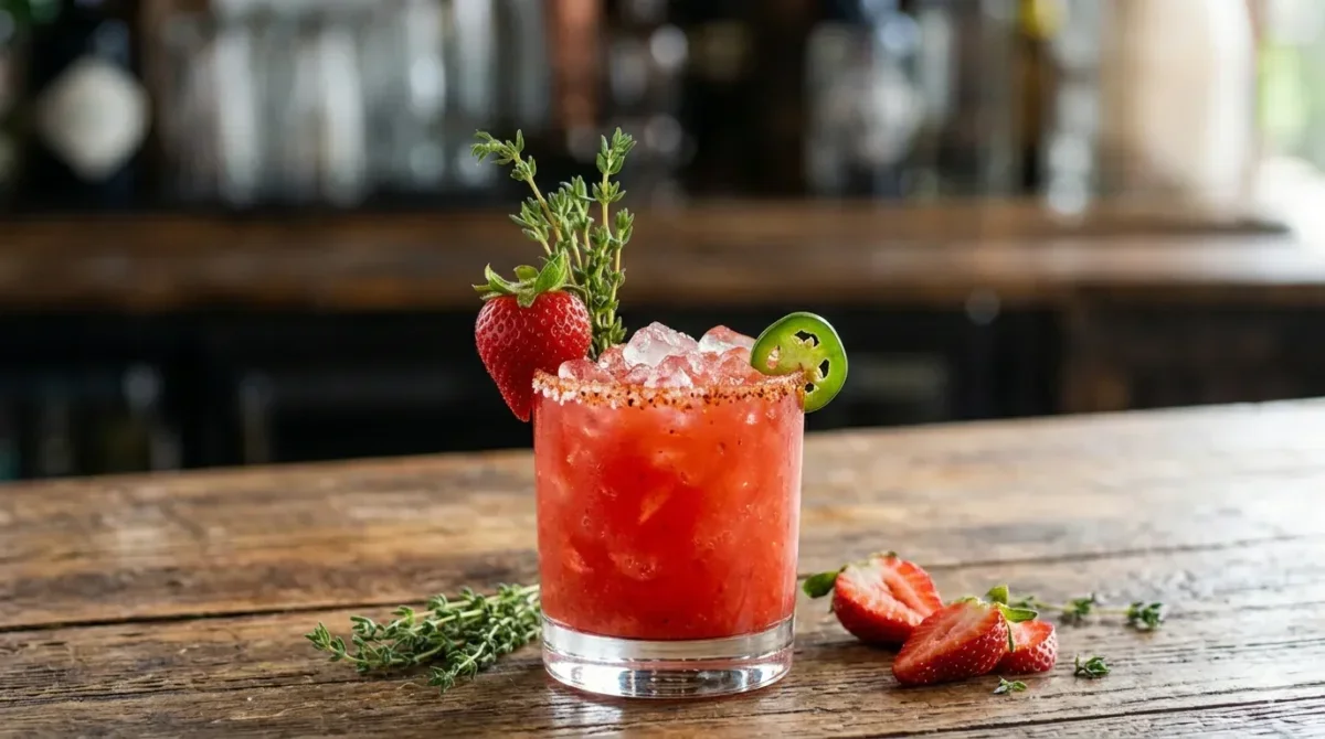 A strawberry drink garnished with a strawberry, a sprig of herbs, and a slice of jalapeño in a glass on a rustic wooden surface.