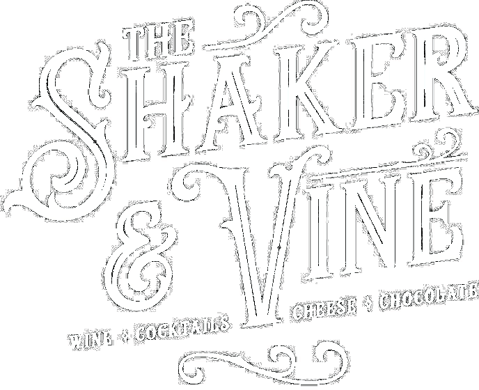 The logo for 'The Shaker & Vine' features stylized, decorative text with the words 'Wine, Cocktails, Cheese, Chocolate' underneath.