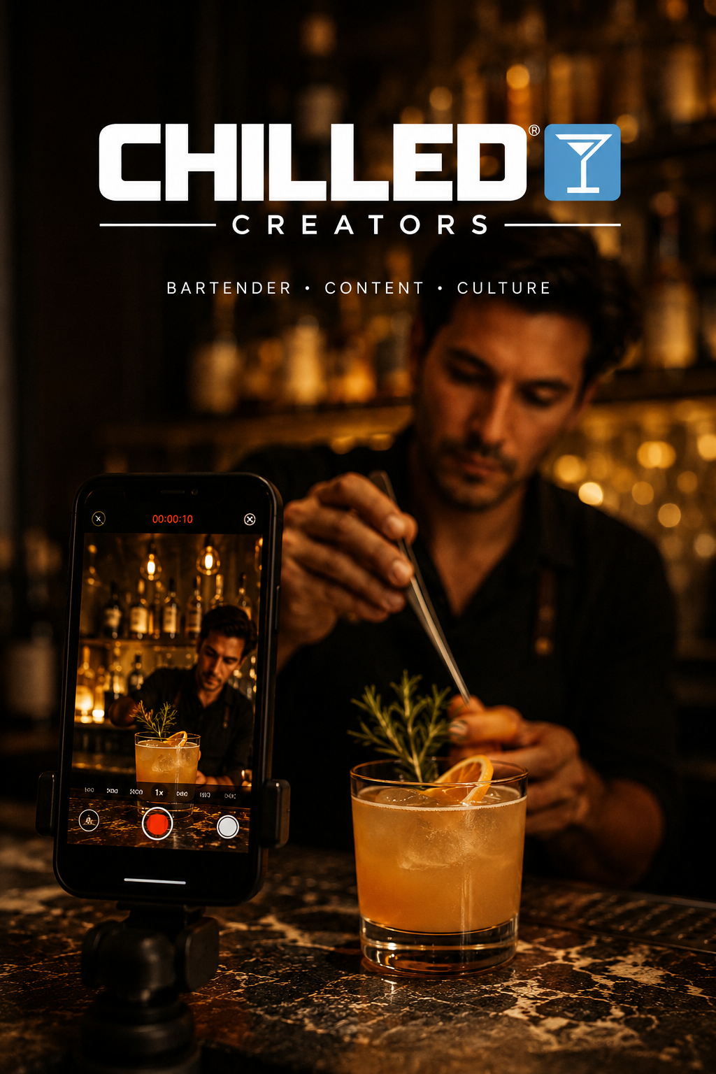 A bartender preparing a cocktail at a bar with bottles in the background, with a phone on a stand recording the scene.