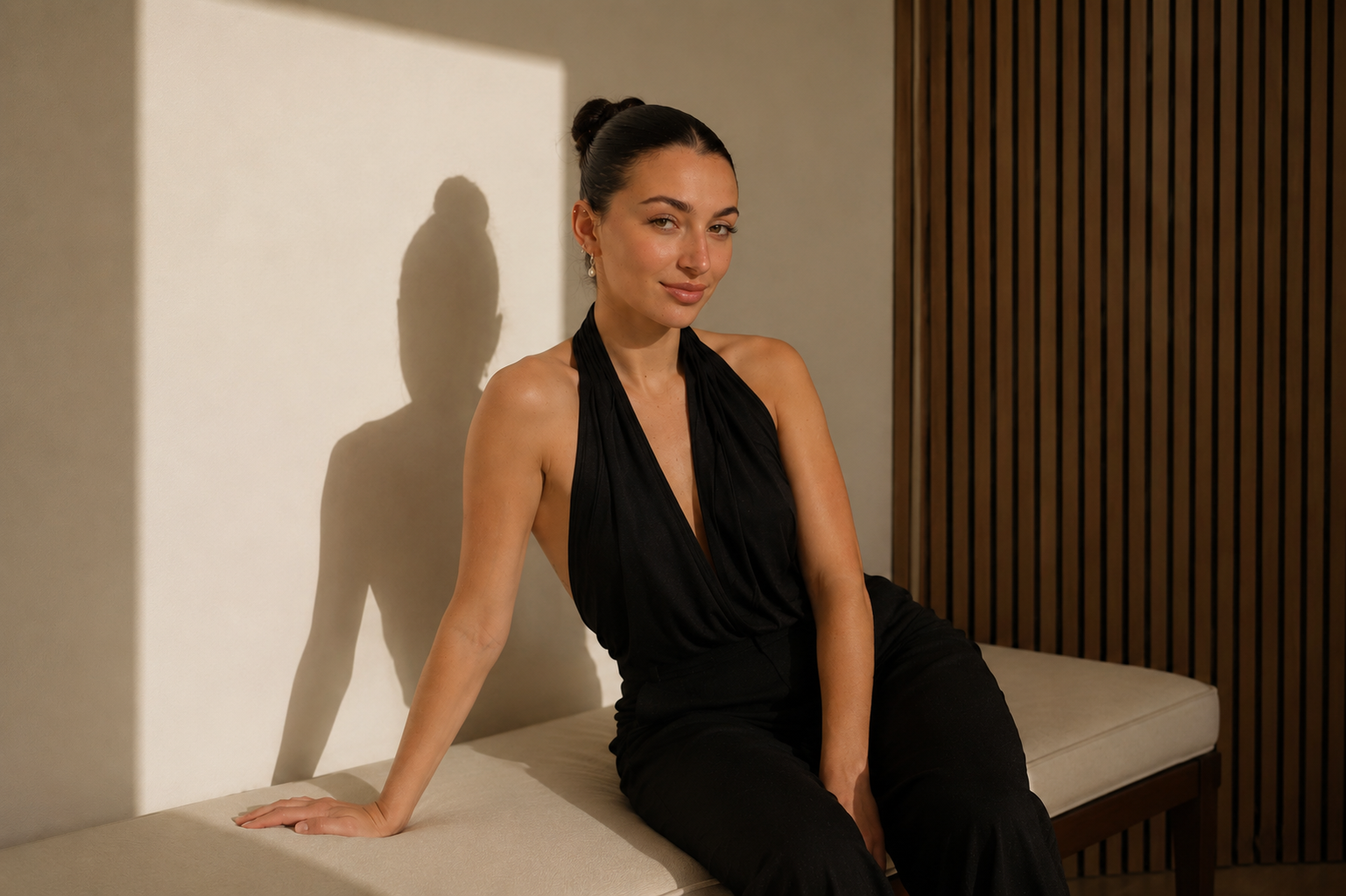 A woman in a black sleeveless top and black pants sitting on a bench in a modern room with a textured wooden wall and a plain wall. Her hair is in a bun and she is smiling subtly at the camera, casting a shadow on the wall behind her.