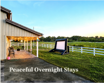 Outdoor patio area with string lights, benches, and an angled signboard, set in a green field with a white fence, during sunset, with the text 'Peaceful Overnight Stays' overlaid.