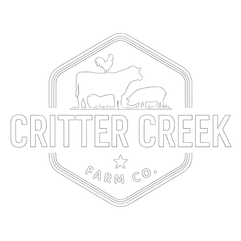 Logo for Critter Creek Farm Co. featuring silhouettes of a rooster, cow, pig, and sheep inside a hexagon outline with stars and text.
