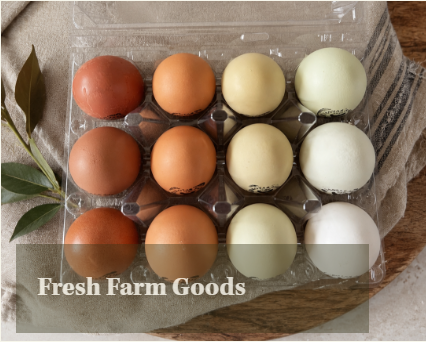 A carton of twelve eggs in various shades of brown, cream, and white, with a sprig of green leaves on the side, on a wooden surface with a cloth underneath. Text overlay says 'Fresh Farm Goods'.