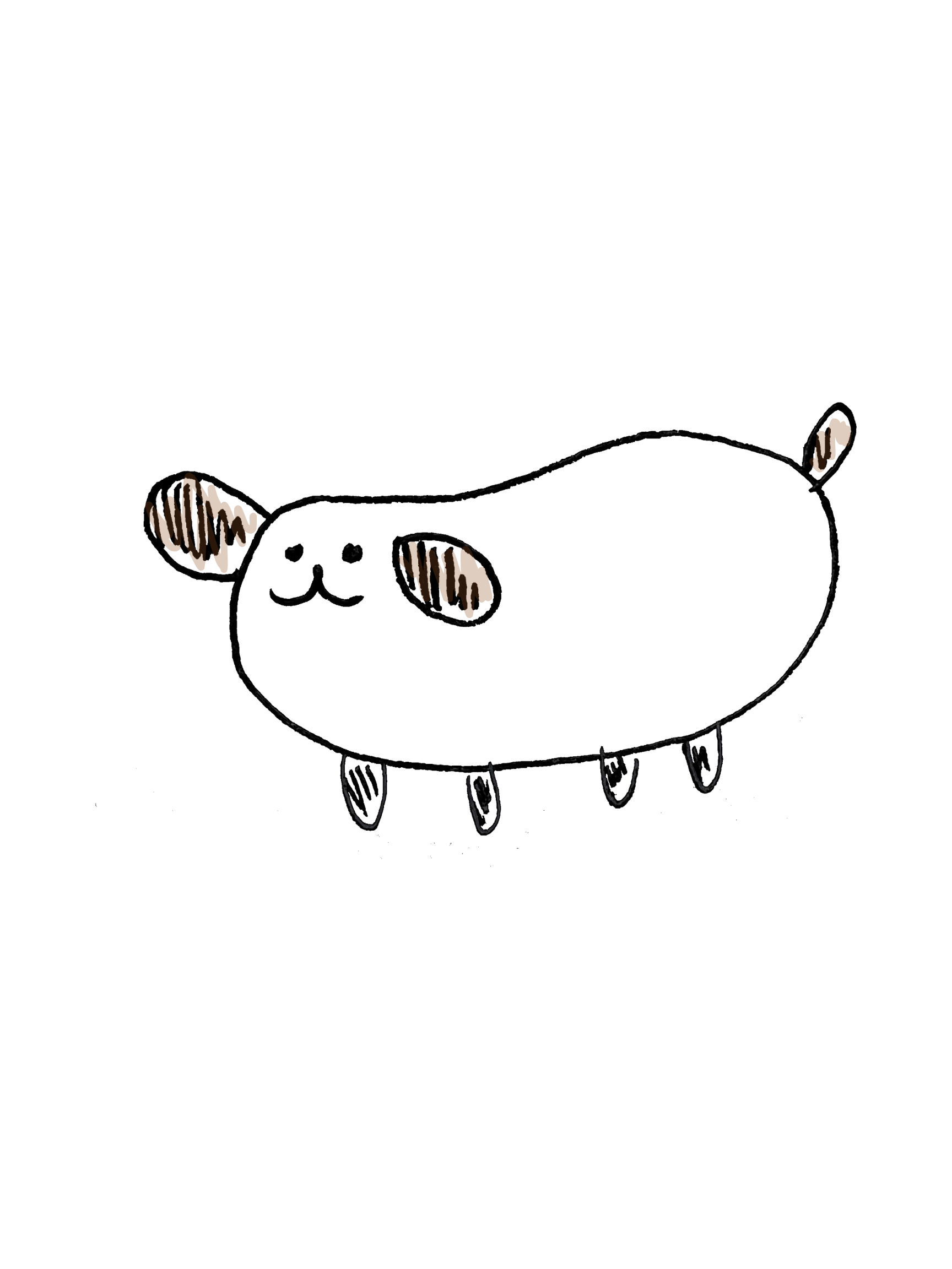 A digitally drawn, black, rounded object resembling a giant spoon with four legs, three small legs on the bottom side, and a brown-shaded handle with three brown patches at the top.
