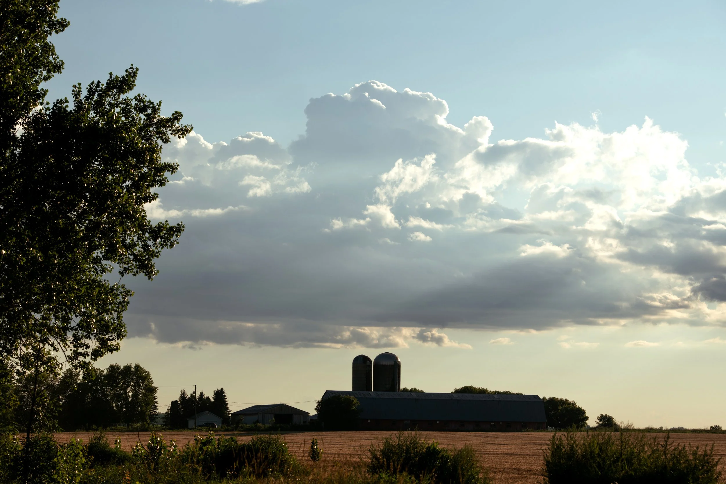 A rural North Dundas farm landscape with a barn, silos, trees, and a cloudy sky.