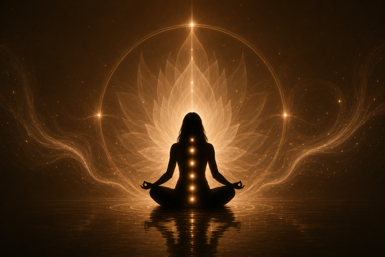 Silhouette of a person meditating in front of glowing, intricate, mandala-like patterns in a dark, cosmic setting.