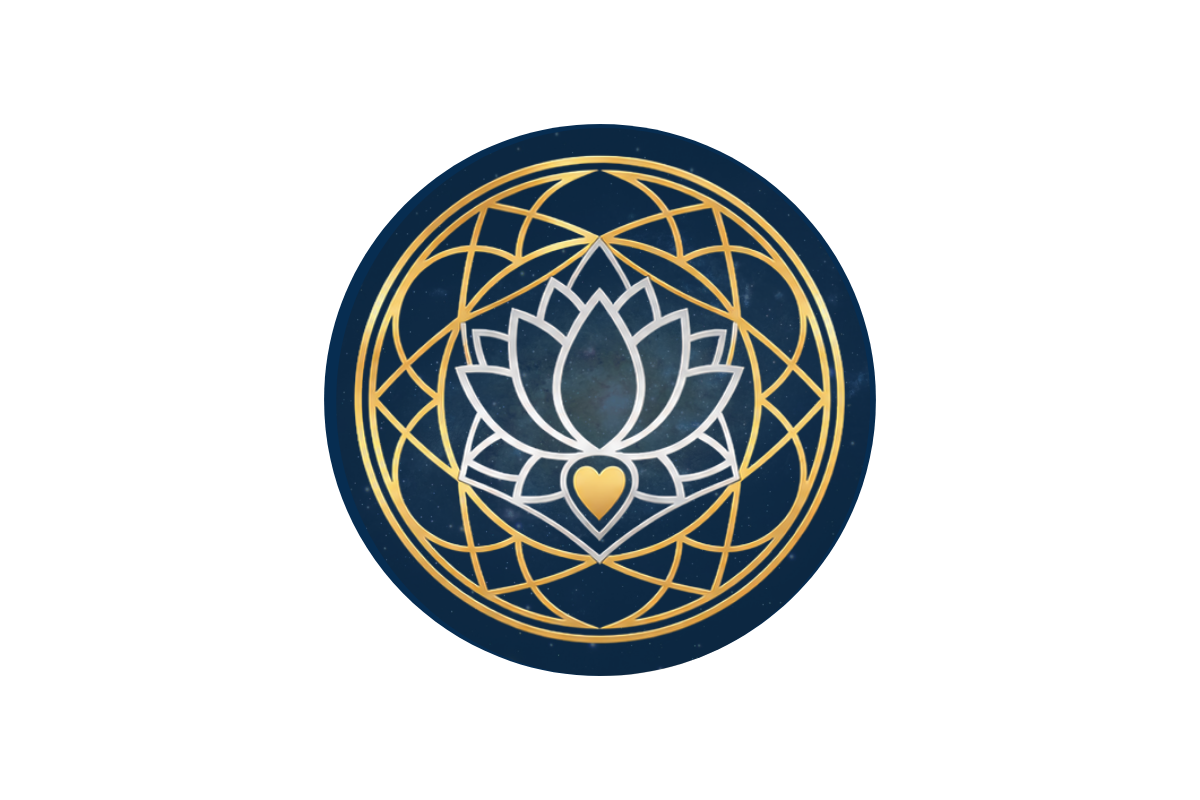 A circular emblem with a white lotus flower at the center, a gold heart below it, and an intricate gold geometric pattern surrounding the lotus and heart, set against a dark blue background with specks resembling stars.